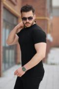 Erkek Ince çizgi Dokulu Bisiklet Yaka Kısa Kollu T-shirt resmi
